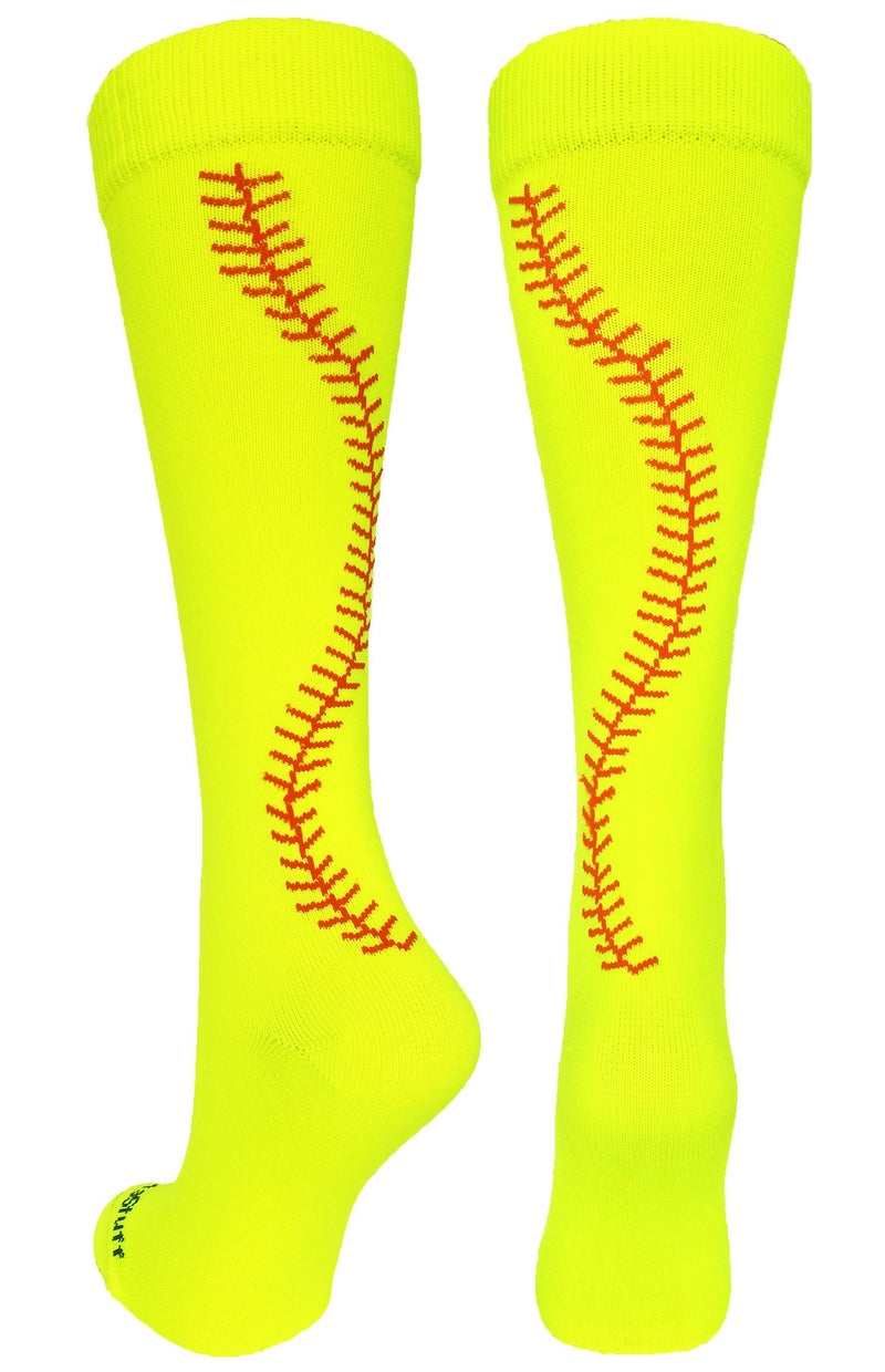 MadSportsStuff Softball Socks with Stitches Over the Calf (Neon Yellow/Red, Small) - Image 1